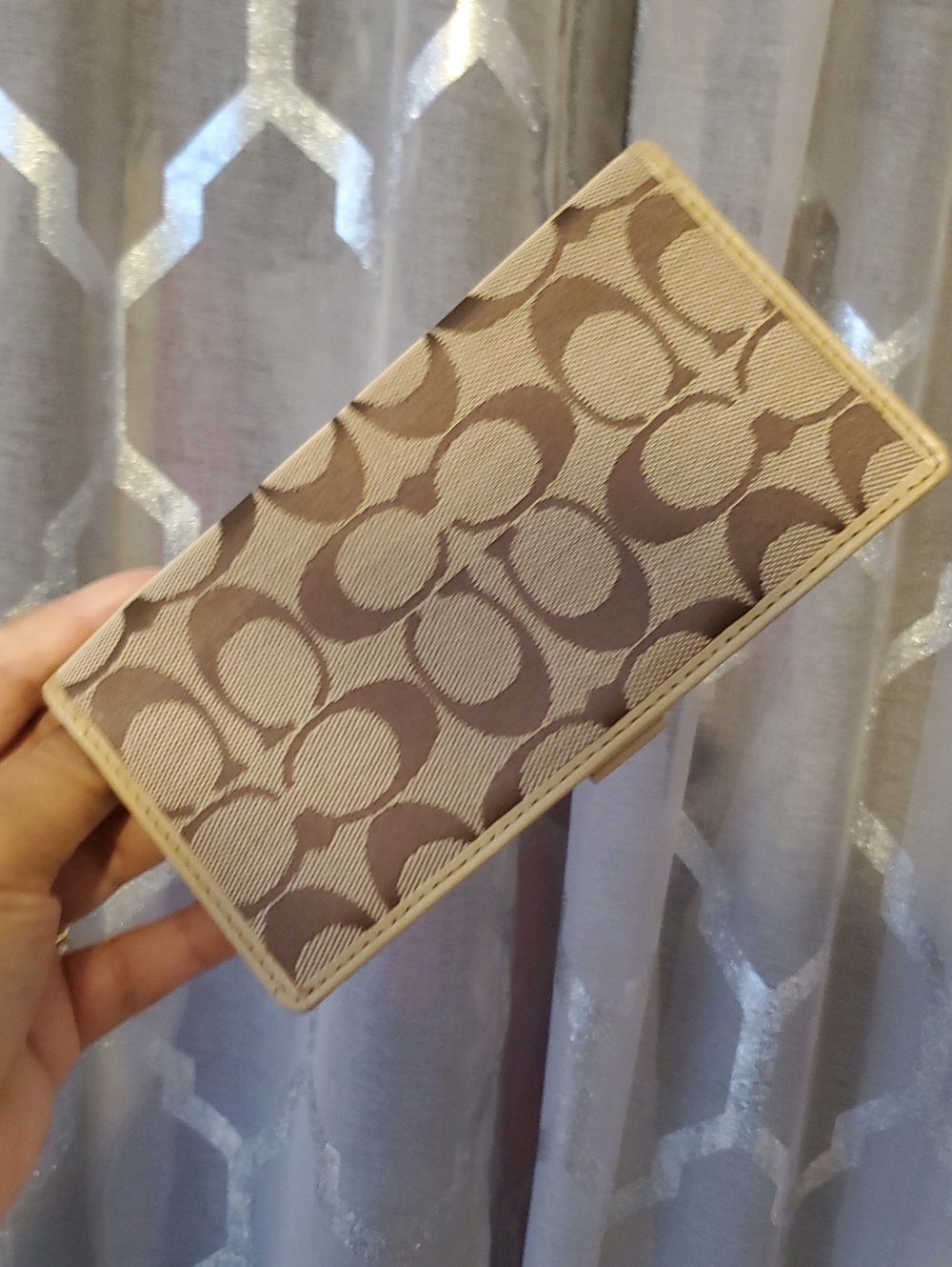 Coach Signature Jacquard Long Wallet in Khaki and Beige